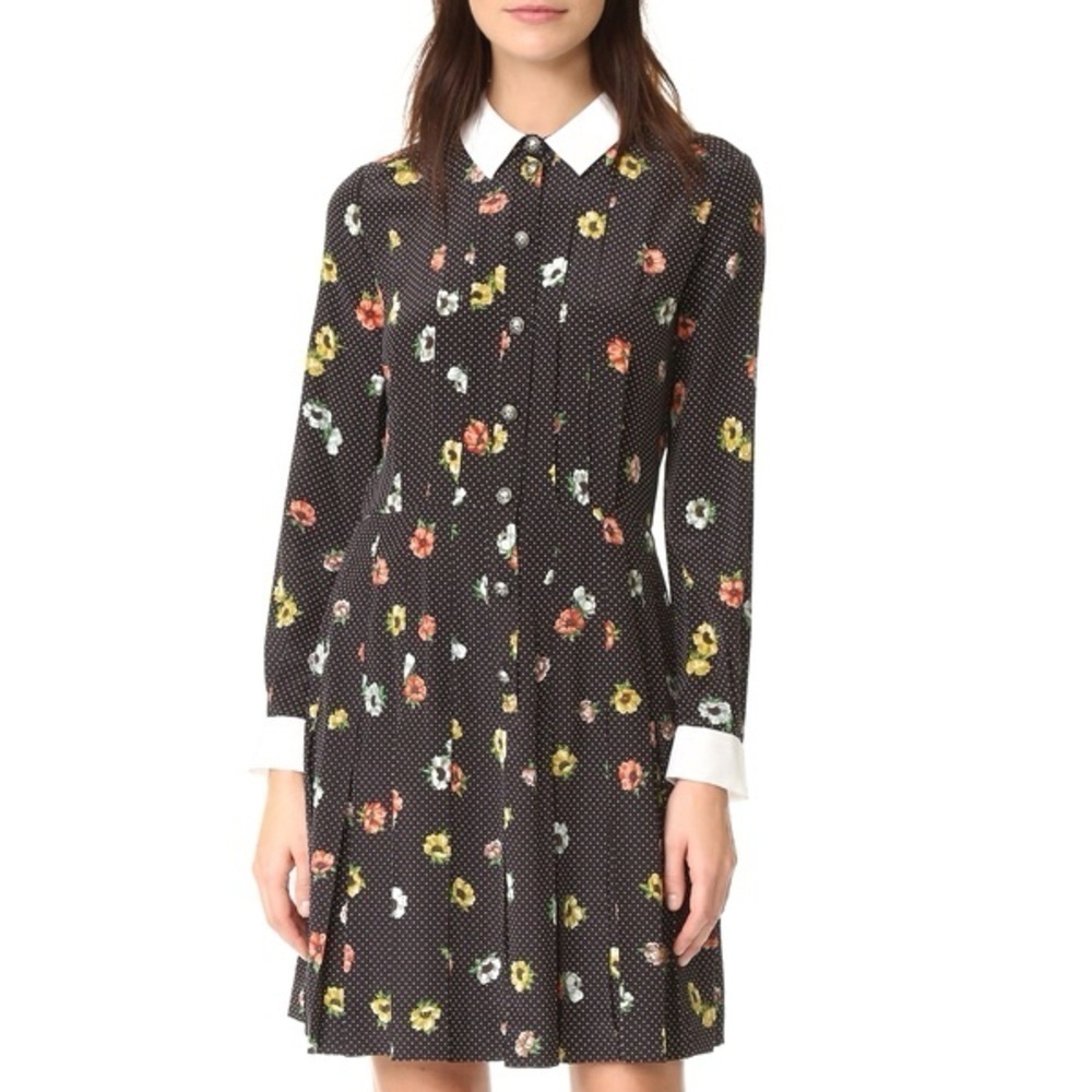 The Kooples Black Floral Polka Dot Long-Sleeve Shirt Dress with White Collar